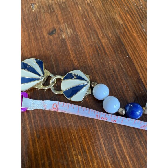 1980s Glass Beads Metal Enamel Necklace Shell Link Bib Circus Tent Blue White - Picture 8 of 9